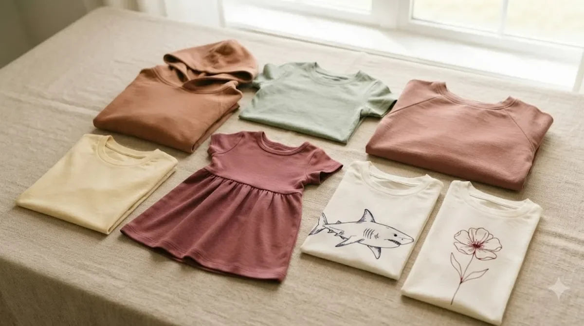 Folded kids' clothes in mixed colors and prints, including a shark tee and a flower tee, laid out on linen