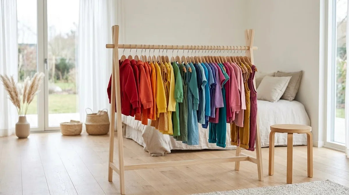 Kids' clothing rack with clothes of every color hung together and no gender signs
