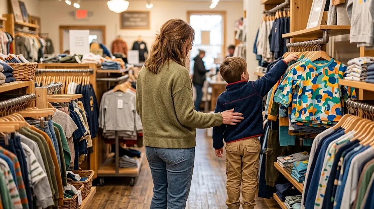 Parent and child browsing a clothing rack together in a store